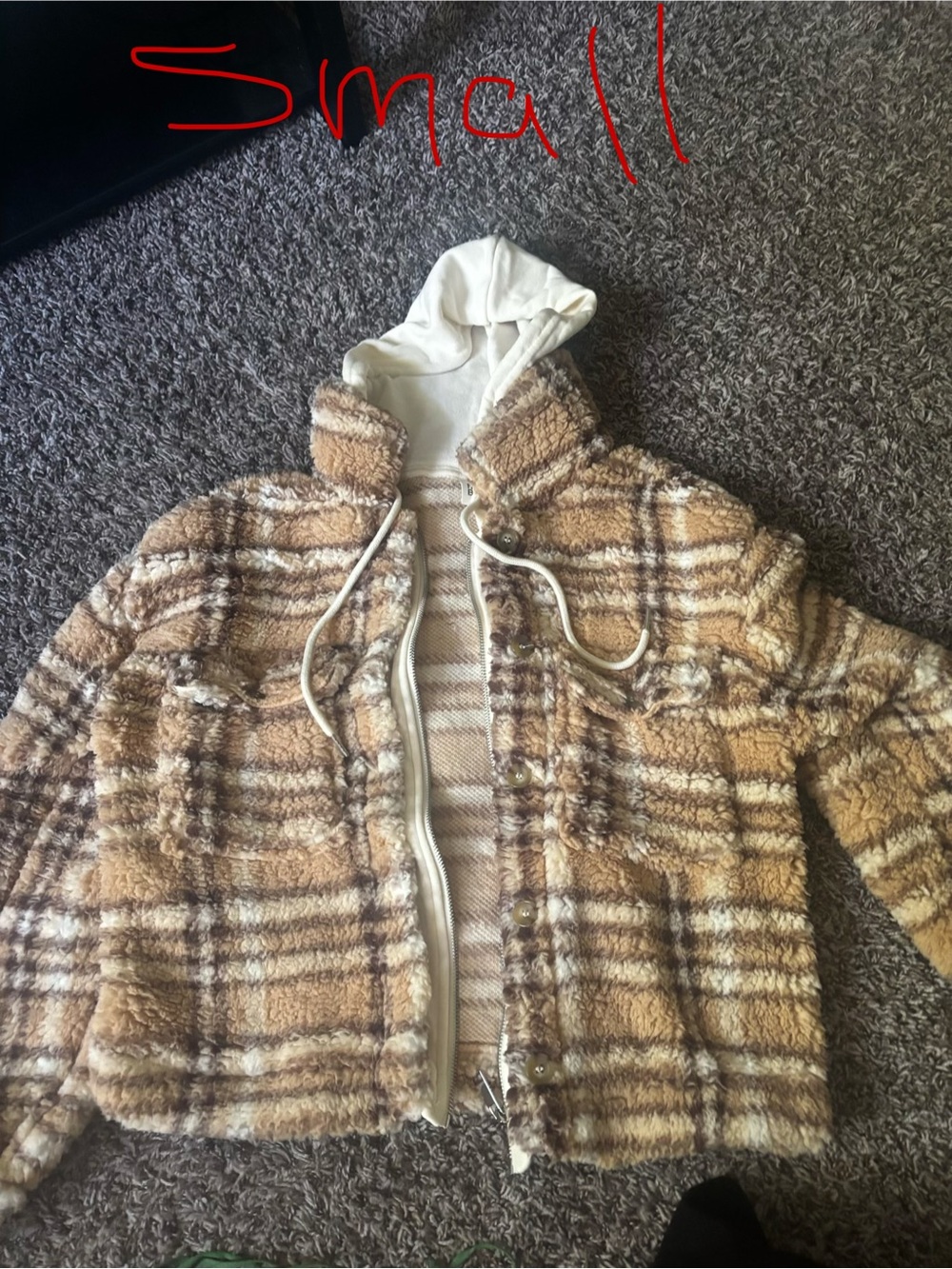 No Boundaries Tan Plaid Teddy Jacket with Cream Hood